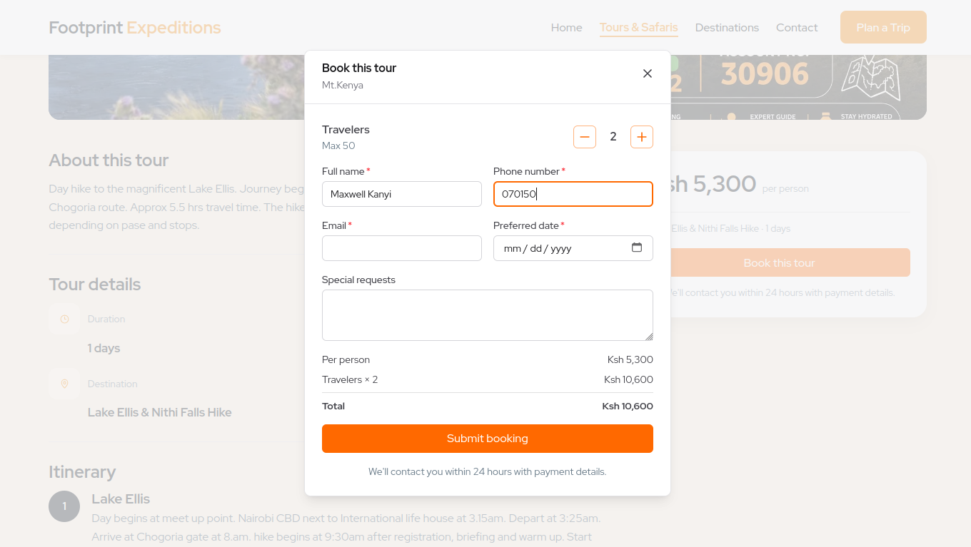 Footprint Expeditions tour booking flow